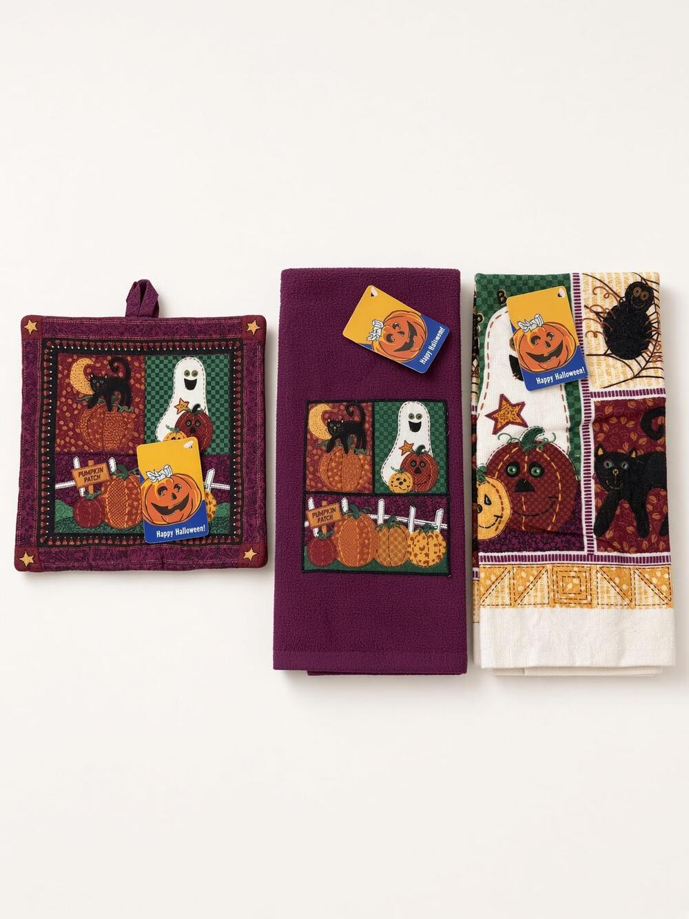 Halloween Kitchen Set, Ghost Pumpkin Print, Vintage Fall Dish Cloth Set